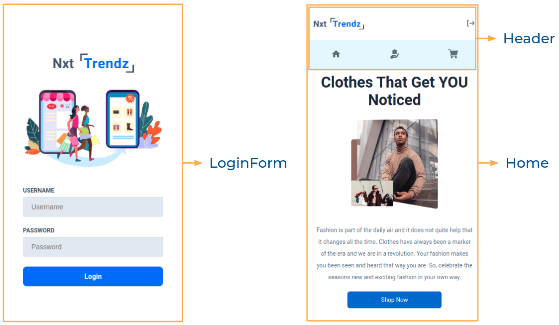 nxt trendz authentication login and home component structure breakdown